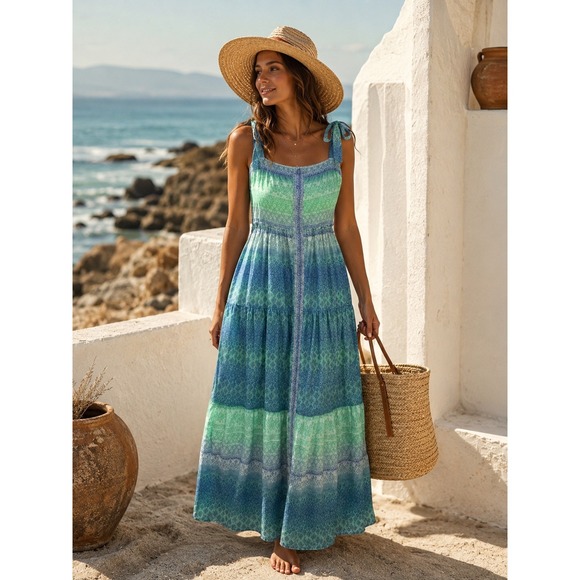 Hale Bob Dresses & Skirts - Hale Bob Maxi Dress Womens Small Blue Green Tiered Cotton Tie Strap 21UN6200